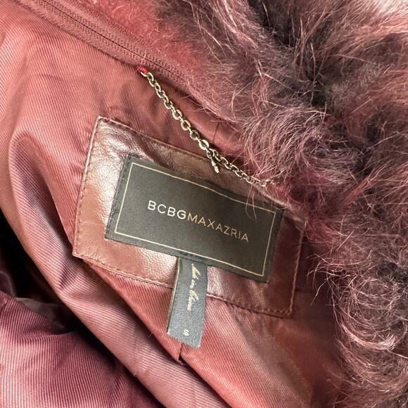 BCBG Max Azria Burgundy Kayla Jacket Fur Leather Asymmetrical Zip Size S Small - Picture 8 of 11